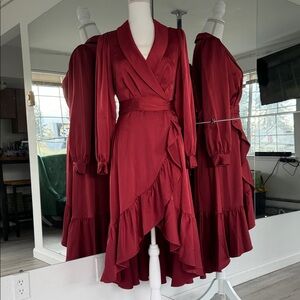 Vince Camuto Burgundy Wrap-Front Ruffle Midi Dress